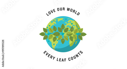 Eco friendly globe icon with leaf elements, Love Our World logo. Includes earth, leaves, eco. Created in minimalist style with green and blue palette