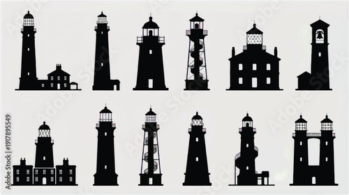Collection of various lighthouse silhouettes in different architectural styles and designs
