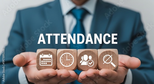 Man holding wooden blocks with attendance icons calendar clock people magnifying glass attendance meeting schedule presence record document