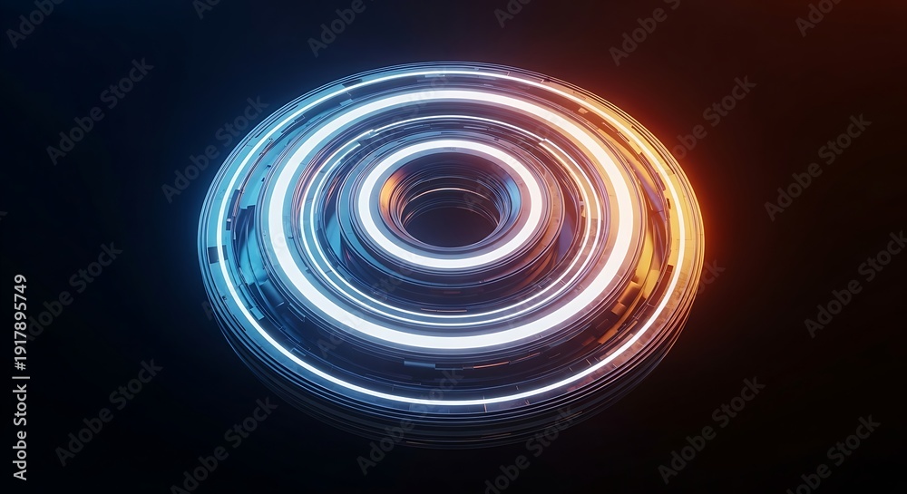 Fototapeta premium Glowing neon circle with blue and orange lights on dark background abstract technology concept