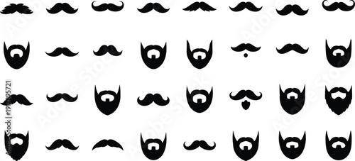 Minimal mustache and beard silhouette set, classic hipster facial hair styles collection for barber logo, grooming brand and vintage men design, Vector illustration