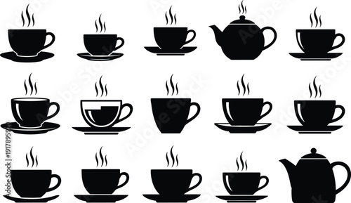 Objects Coffee Cup Silhouette Collection, Steaming Teacups and Teapot Vector Set, Hot Beverage Mug Icons for Cafe Menu Design, Logo, and Print Projects