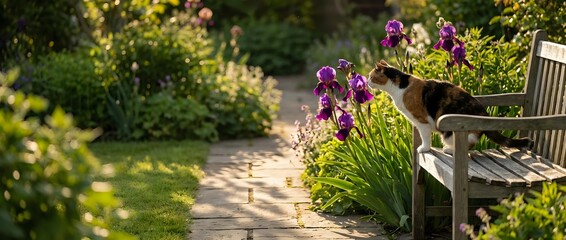 Peaceful garden pathway with wooden bench surrounded by vibrant purple flowers and lush greenery creating serene outdoor relaxation space.