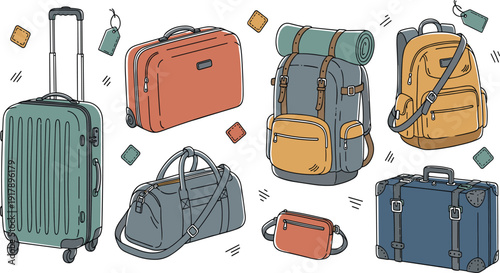 Travel Luggage Set with Suitcase, Backpack, Handbag, and Vintage Trunk for Tourism Vacation Journey Hand Drawn Vector Collection.
