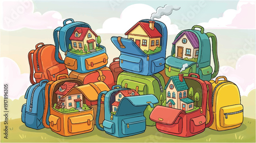 colorful backpacks with houses coming out of them in a field