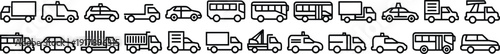 Transportation vehicle line icon set, cars, trucks, buses and delivery vans collection for logistics, taxi service, fleet management and automotive design, Vector illustration