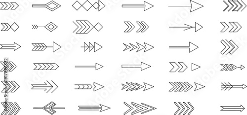 Thin line arrow icon collection, geometric directional arrows and pointer symbols for navigation interfaces, website UI kits, mobile apps and infographic design