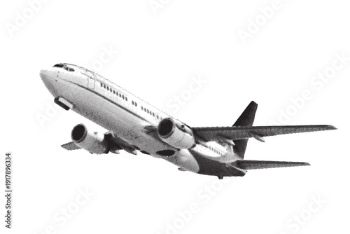 Halftone Airplane with Landing Gear in Flight Isolated on transparent background. retro collage element for mixed media travel aviation design, scrapbook