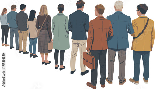 Business people standing in queue rear view, corporate professionals waiting in line flat style vector illustration, recruitment and office workforce concept