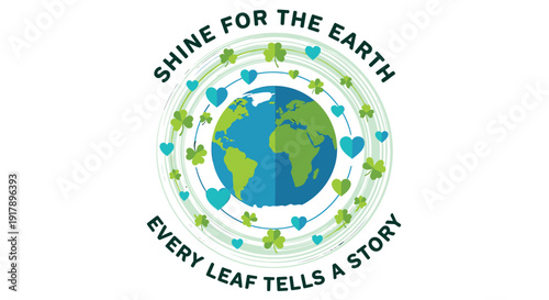 Environmental eco friendly logo with earth and leaves, Shine For The Earth slogan. Includes globe, leaves, hearts, eco symbols. Created in vector style with green and blue color palette