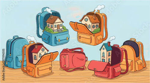colorful backpacks with houses inside floating in the air on a wooden table