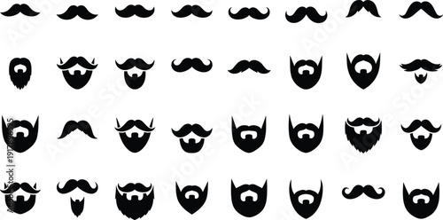 Vintage mustache and beard icon collection set, hipster facial hair styles bundle for barber shop logo, grooming brand and retro design, Vector illustration