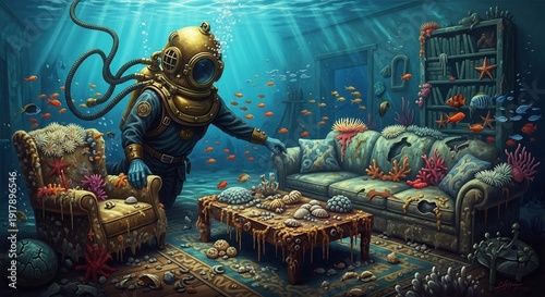 Surreal Underwater Living Room with Vintage Diver Exploring Furniture.