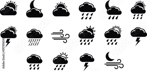 Weather forecast solid icon set with cloud rain thunderstorm wind moon and sun symbols for climate app interface design, Vector illustration