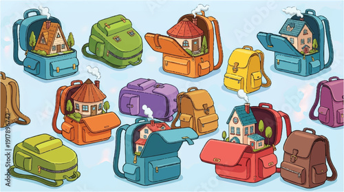 colorful cartoon backpacks with houses inside for travel and adventure concept