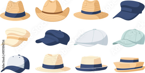Stylish Hat Collection with Fedora, Cowboy, Panama, Baseball Caps, and Summer Straw Headwear Fashion Vector Set.