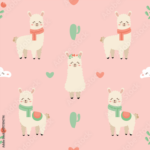 Cute seamless pattern with cartoon llamas and alpacas on pink background