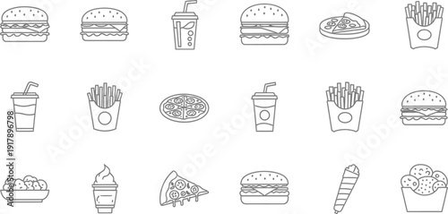 A collection of simple line drawings representing various fast food items and beverages.