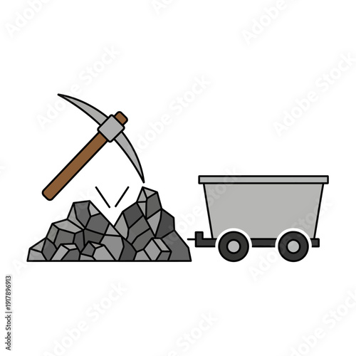 Mining coal with pickaxe and cart, illustration of resource extraction and industry