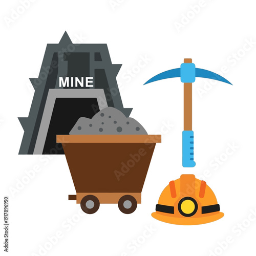 Mining equipment and mine entrance with coal cart, pickaxe, and hard hat