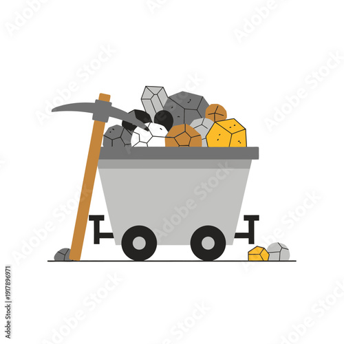 Mining cart full of minerals and pickaxe, concept of resource extraction and wealth