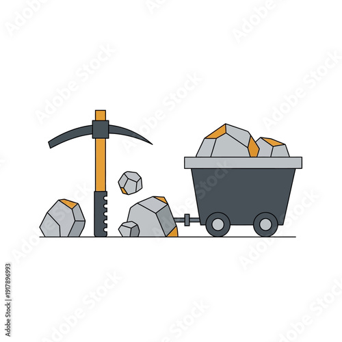 Mining cart filled with rocks next to pickaxe and scattered stones