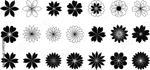 A collection of various black and white flower designs arranged in rows on a white background.