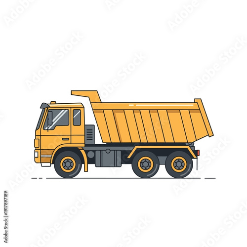 Yellow dump truck, construction vehicle, heavy machinery, side view, isolated on white background