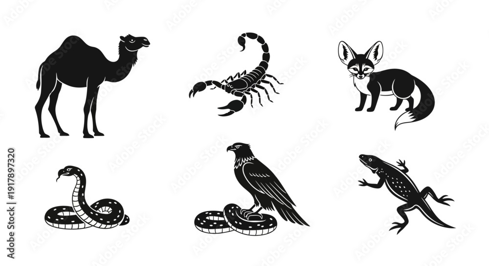 Obraz premium Black Silhouette Icons of Desert Animals Camel Scorpion Fox Snake Bird and Lizard.