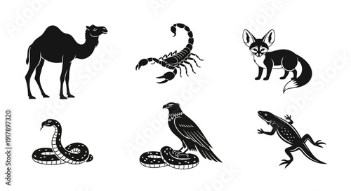 Black Silhouette Icons of Desert Animals Camel Scorpion Fox Snake Bird and Lizard.