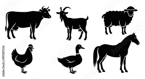 Black Silhouette Icons of Farm Animals Cow Goat Sheep Horse Chicken Duck.