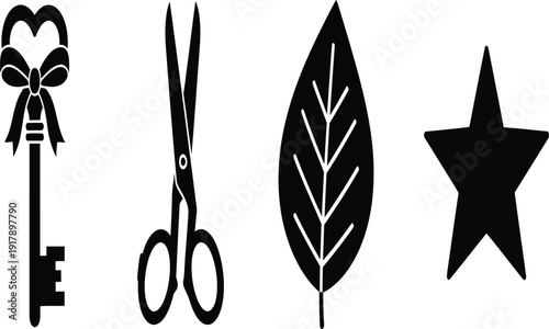 A collection of simple black icons on a white background including a key, scissors, leaf, and star.