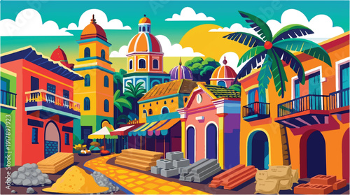 colorful latin american city street with buildings and construction materials