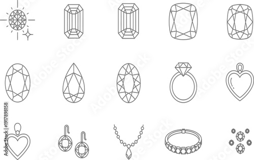 A collection of simple line drawings depicting various gemstones and jewelry pieces.