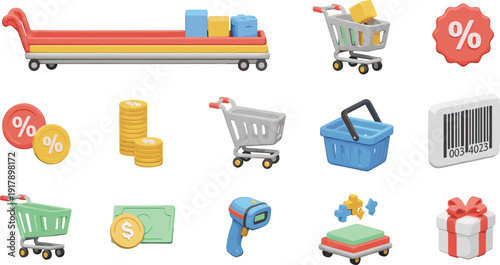 Shopping and Retail Icon Set with Cart, Barcode Scanner, Cash, Discount Badge, Gift Box, and Supermarket Conveyor Vector Collection.