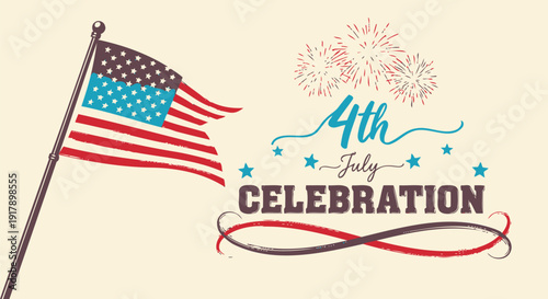 American patriotism icon, 4th July Celebration symbol with USA flag and fireworks, isolated on beige background