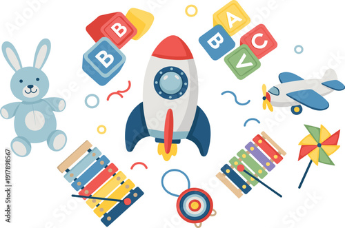 Kids Educational Toy Set with Rocket, Alphabet Blocks, Xylophone, Airplane, Teddy Bunny, and Pinwheel Colorful Vector Collection.