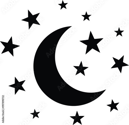 A serene night sky with a crescent moon and stars on a white background.