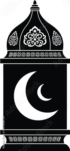 A black and white illustration of a lantern with a crescent moon on it.