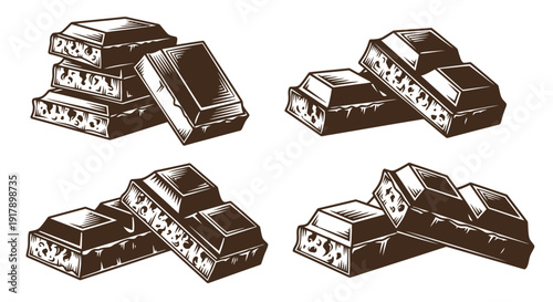 A set of four vintage-style vector illustrations depicting broken chunks of dark chocolate, rendered with intricate woodcut hatching and deep brown shadows