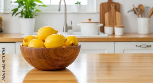 Bright yellow lemons in a wooden bowl on a clean modern kitchen countertop with natural lighting