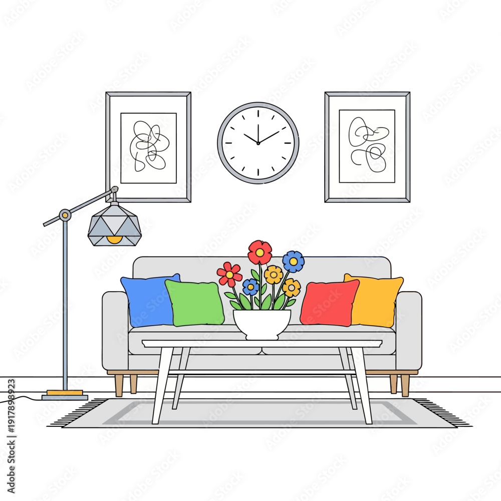 Fototapeta premium Cozy Living Room Interior with Sofa, Coffee Table, Flowers, and Art