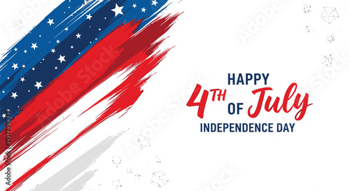 Patriotic 4th of July Independence Day vector graphic, Happy 4th of July text with American flag brush stroke.