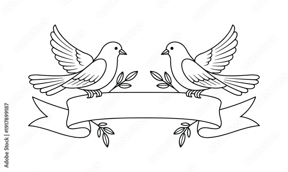 Fototapeta premium Two stylized doves holding olive branches and a blank ribbon banner for text