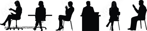 Business panel discussion silhouettes, corporate meeting interview scene with seated professionals, conference speaker, moderator at desk, audience applause, leadership and teamwork concept