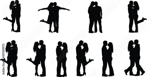 Romantic Couple Silhouette Collection Featuring Love Embrace Kissing and Affectionate Poses Black Vector Illustration Set for Relationship Concept