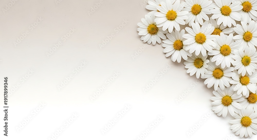 Fototapeta premium White daisies arranged in corner on soft white background with natural lighting and delicate petals