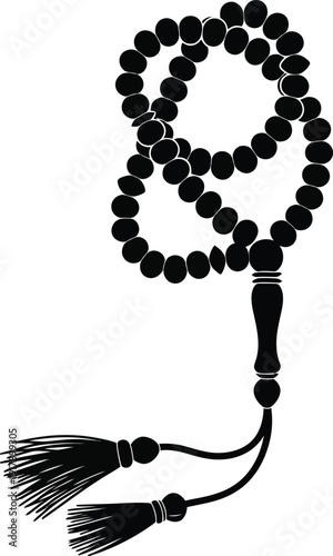 A simple black mala necklace with tassels on a white background.
