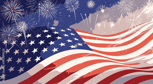 American flag waving with fireworks on 4th of July celebration