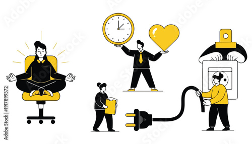 Illustrations depicting concepts of work-life balance, mindfulness, time management, energy, and daily tasks.
